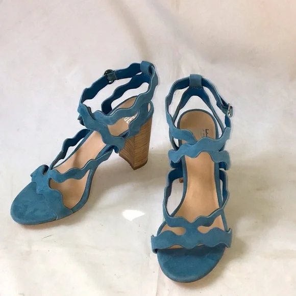 PAIGE Blue Sage Scalloped Strappy Sandals Block Heel Suede 7 NEW - Picture 7 of 12